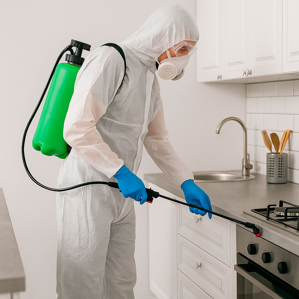 Desinfestação e Higienização Profunda Técnico de desinfestação com fato protetor a aplicar produto numa cozinha moderna