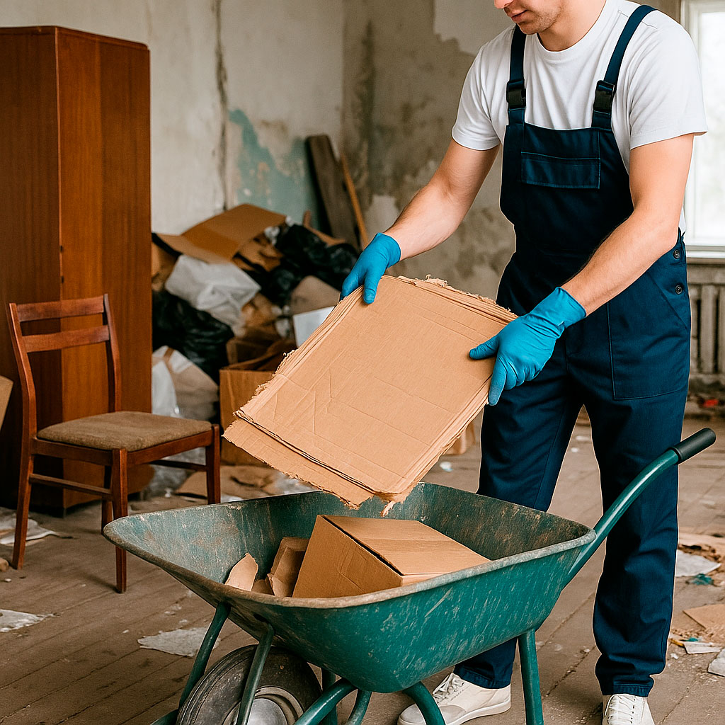 Esvaziamento Completo de Imóveis Funcionário a esvaziar casa degradada, colocando caixas de cartão numa carriola.