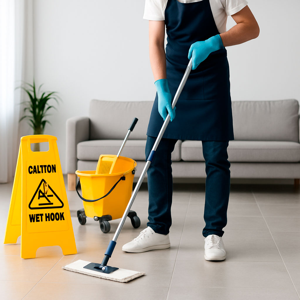Limpezas Profundas e Técnicas Profissional da limpeza a lavar o chão de uma sala moderna com esfregona e balde.